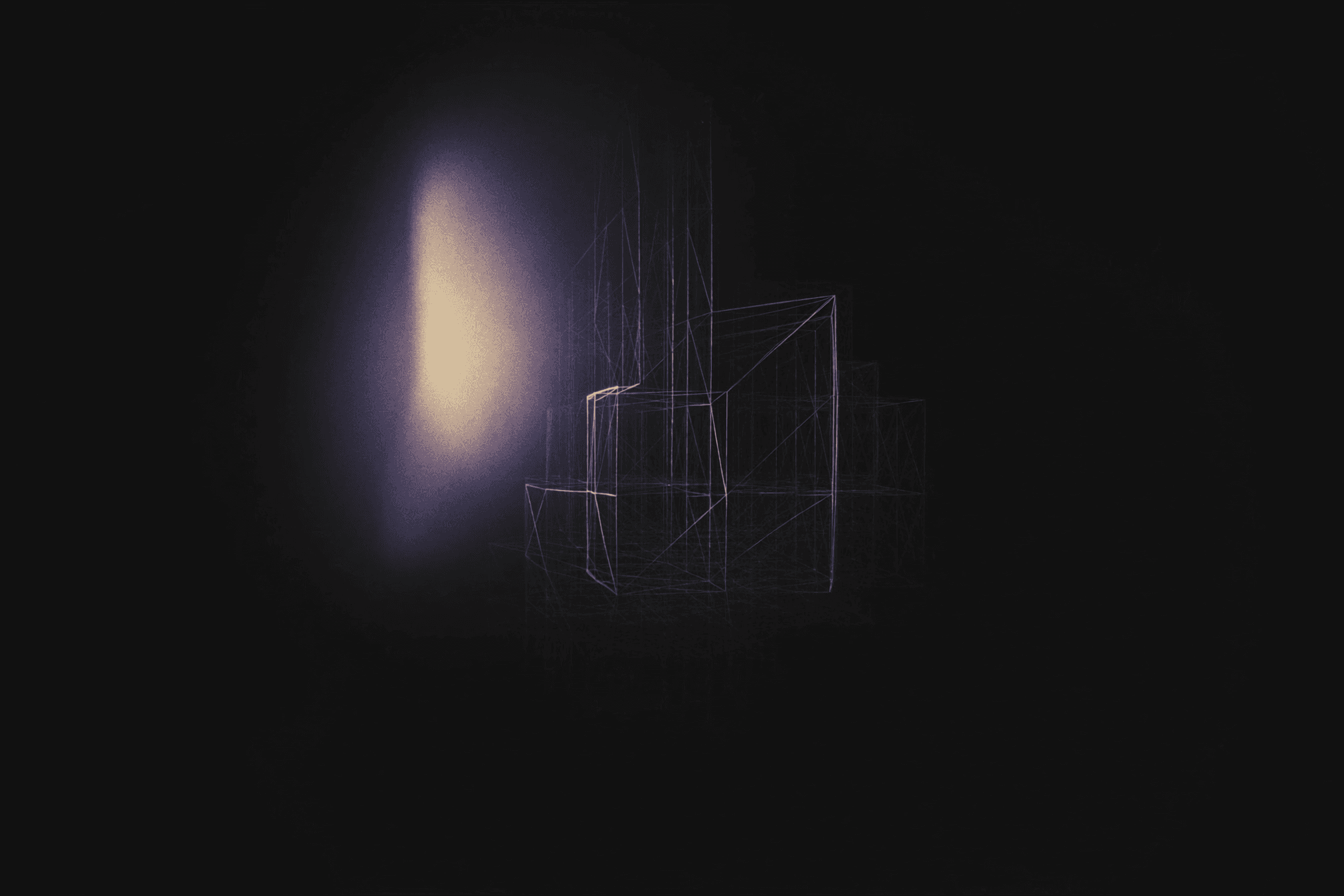Wireframe structures sketched in light against the dark.