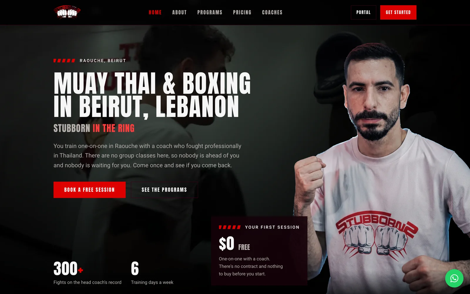The Stubborns homepage hero on desktop, with the head coach and the free first session offer