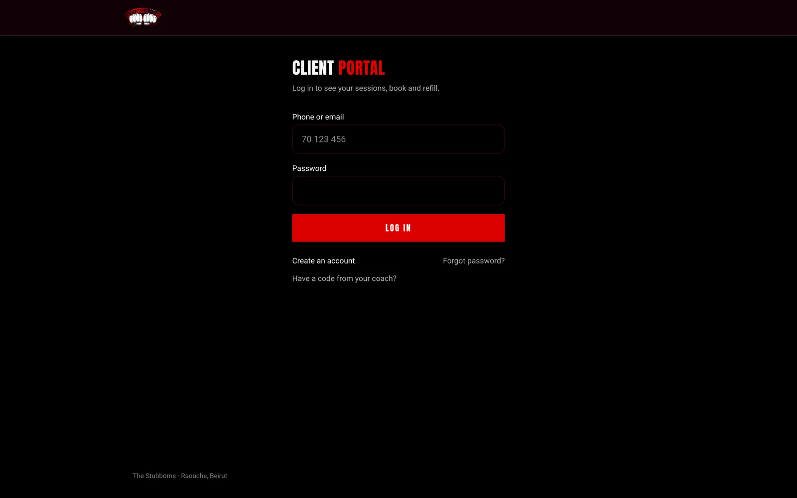 The Stubborns client portal login, with phone or email sign-in