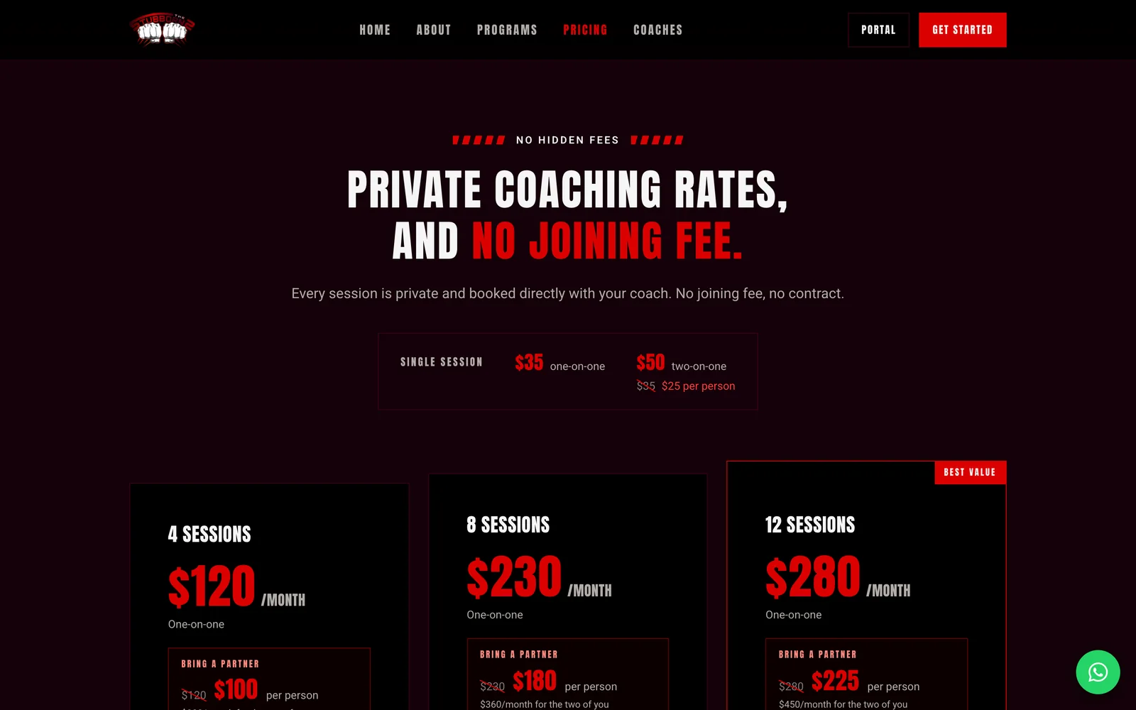 The Stubborns pricing section: single session rates and monthly packs with partner pricing