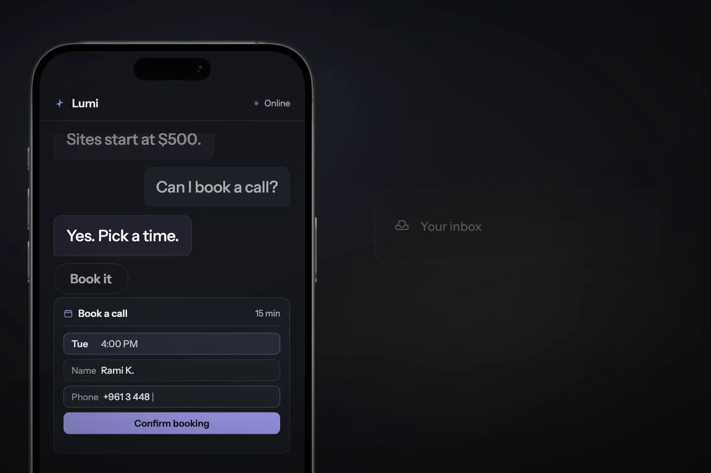 The Lumi assistant answering a customer on a phone, booking a call and sending the captured lead to your inbox.