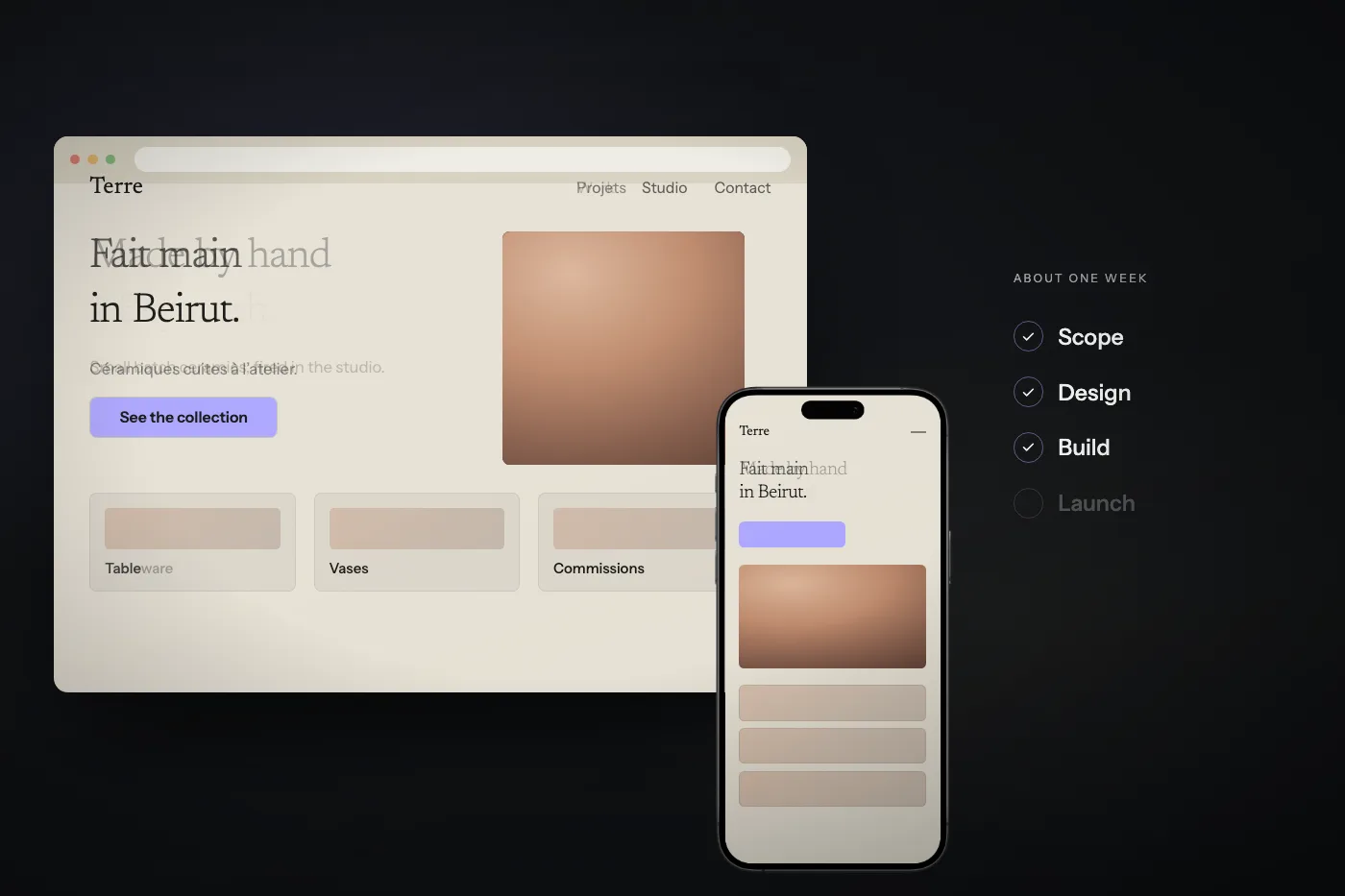 A website being built: a wireframe fills in with the finished design, the same layout re-stacks on a phone, the copy switches to French, and the site goes live.